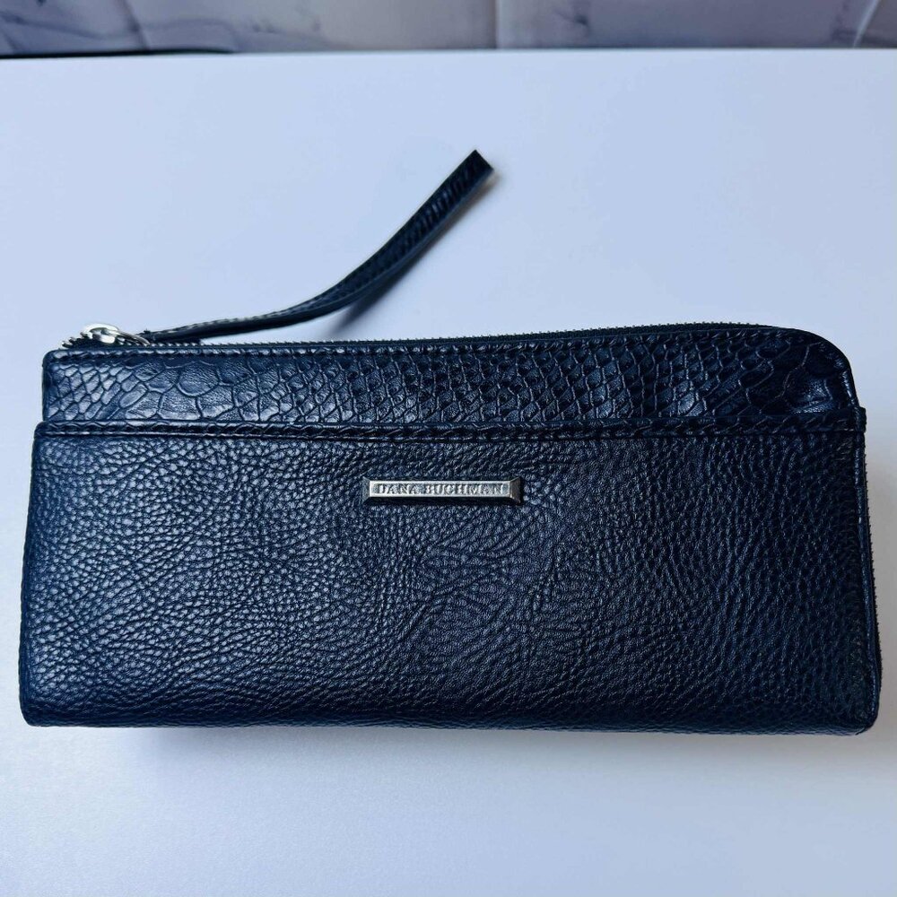 Dana Buchman Black Faux Leather Zip Wallet Wristlet – Textured with Red Interior